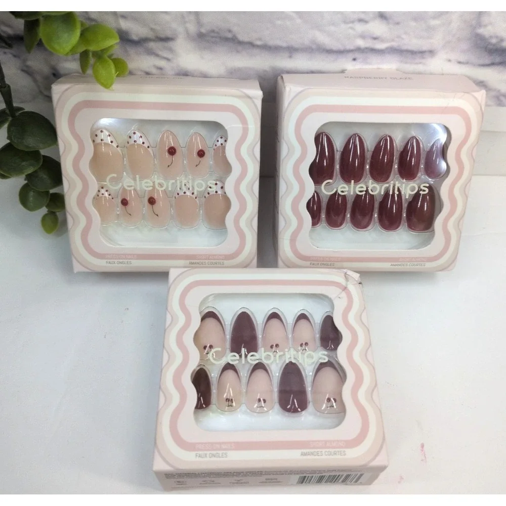 NIB LOT 3 SHORT ALMOND🥰Celebritips Press On Nails Set Burgundy Raspberry Cherry